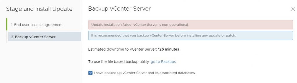 update installation failed, vCenter Server is non-operational